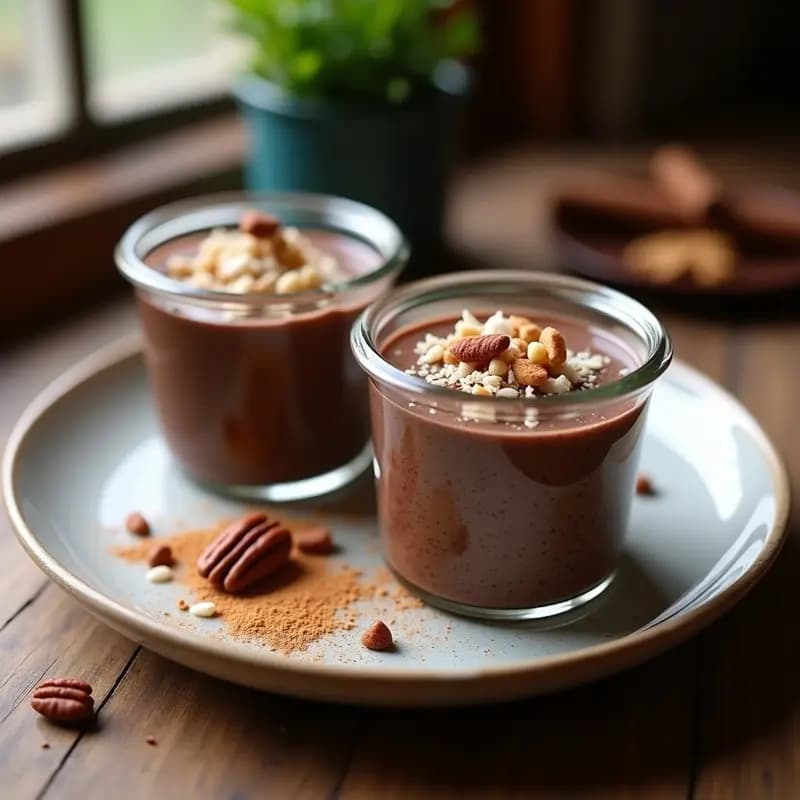 Vasitos de vidrio transparente con pudding de chía oscuro, decorado con coco rallado y nueces pecanas, sobre fondo rústico de madera con semillas de chía esparcidas.