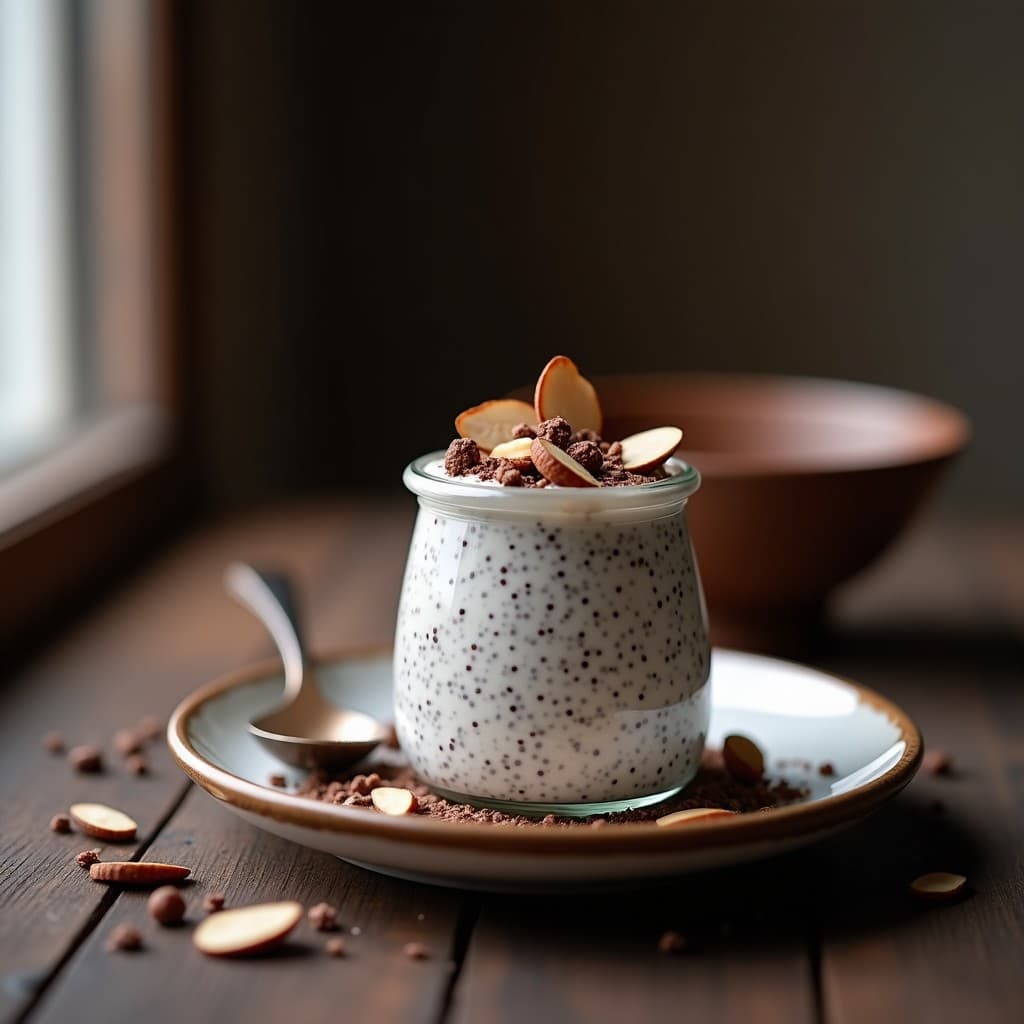 Tarro de vidrio transparente con pudín de chía cremoso, decorado con cacao nibs y almendras fileteadas, sobre fondo oscuro de madera rústica, receta nocturna sin azúcar.