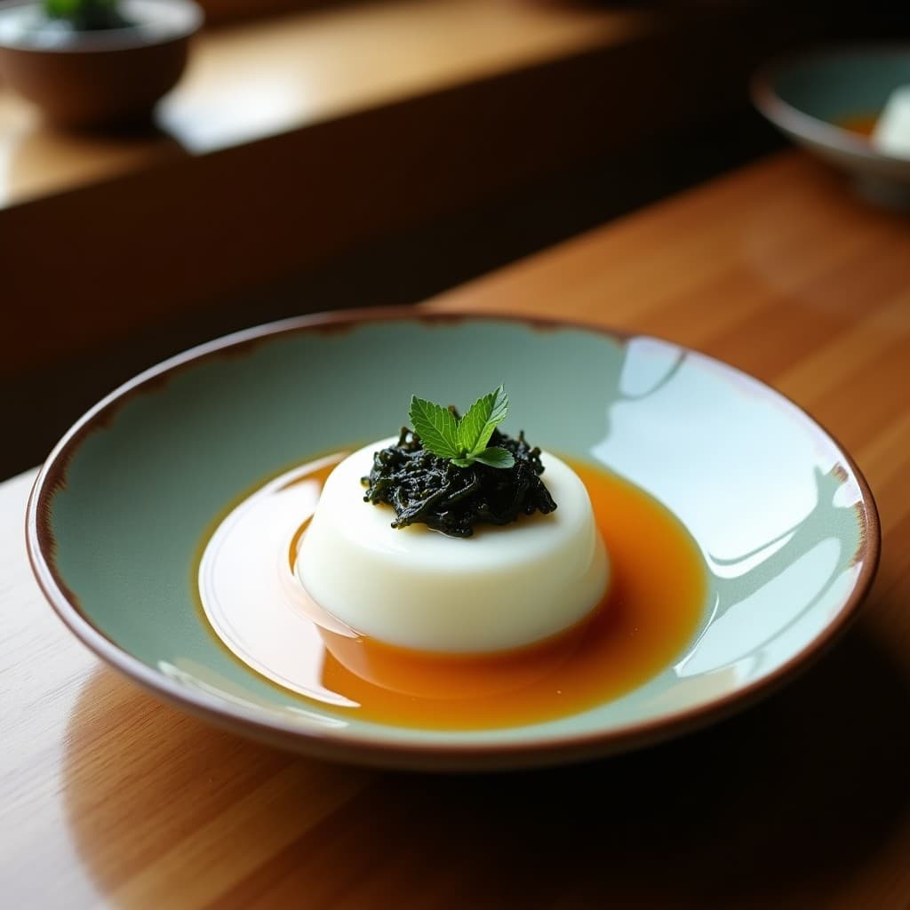 Pudín vegano japonés de color verde claro en copas de vidrio transparente, decorado con semillas de sésamo negro y servido en una mesa de madera con fondo difuminado. Postre de algas wakame y leche de coco rico en yodo.
