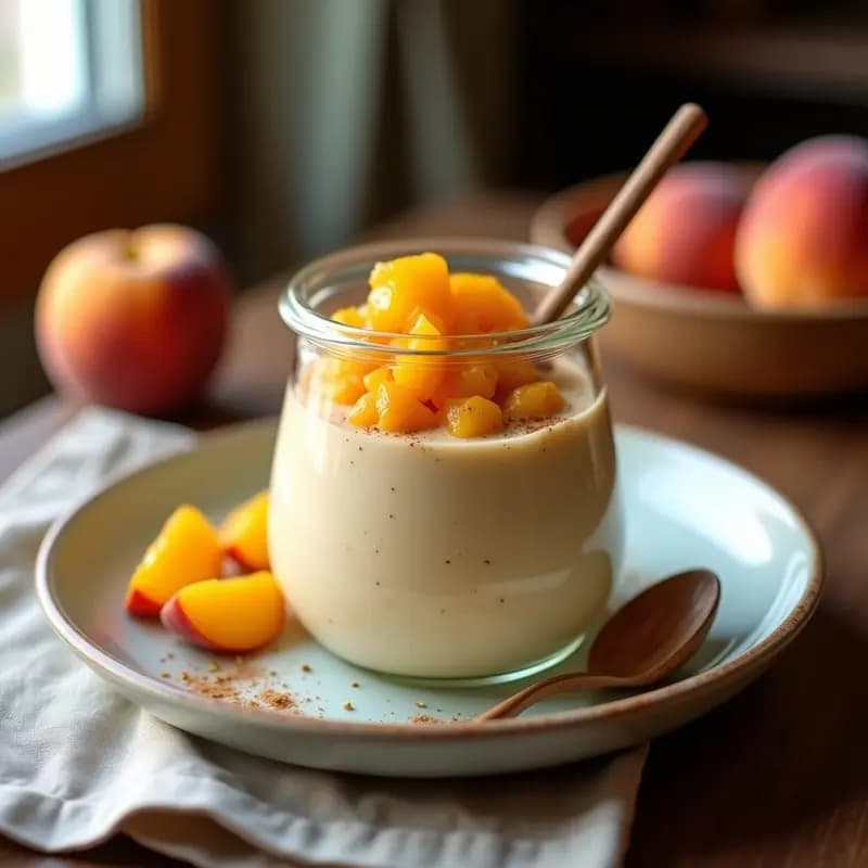 Pudín de amaranto con leche de anacardos en tarro de vidrio, cubierto con compota de durazno dorada y espolvoreado con canela. Textura cremosa y color beige con toques amarillos y naranjas. Desayuno mexicano sin azúcar.