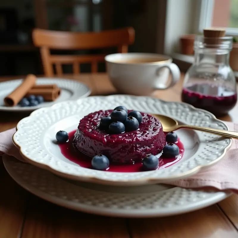 Pudín de amaranto y blueberries en un bol de cerámica blanca, con capas cremosas de color beige y morado, decorado con arándanos frescos, almendras fileteadas y un espolvoreado de canela. Receta sin horno con toque de vainilla.