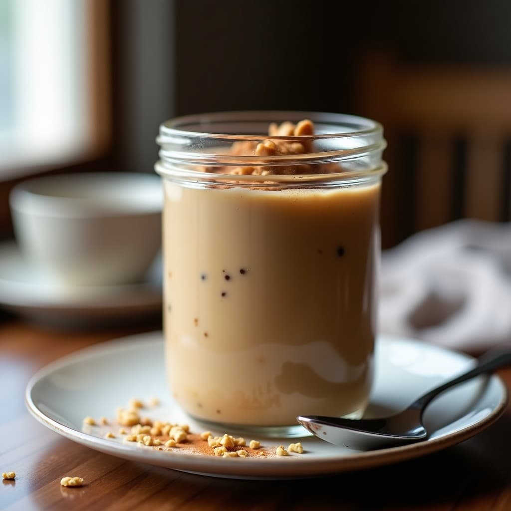 Frasco de vidrio transparente con pudín de avena y café keto, capas cremosas con toques de canela y nueces picadas por encima. Textura sedosa y color marrón claro, servido sobre una mesa de madera con una cuchara de metal.