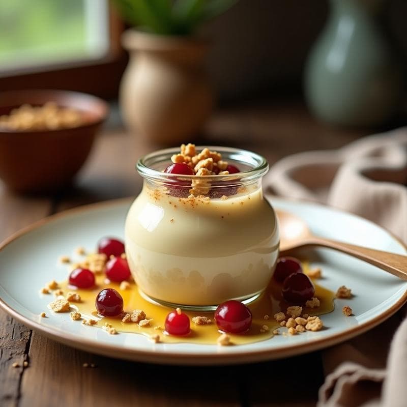 Pudín de avena y cardo mariano en tarrina de vidrio, con textura cremosa y toppings de nueces picadas y miel, servido sobre fondo rústico de madera con una cuchara de madera. Desayuno detox sin gluten preparado en olla exprés.