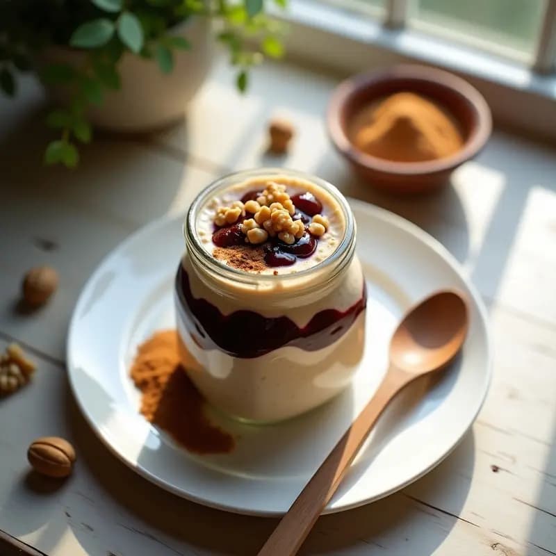 Tarro de cristal transparente con pudín de avena overnight, capas cremosas de color beige y trozos de compota de ciruelas pasas oscuras. Espolvoreado con canela y nueces picadas por encima. Fondo rústico de madera clara con una cucharita de madera al lado.