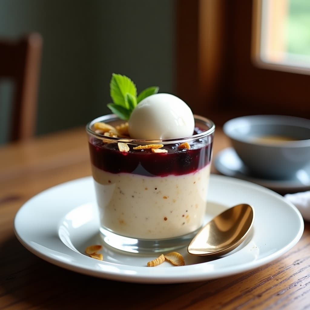 Copa de cristal transparente con capas de pudín de avena cremoso, compota oscura de higos negros y helado blanco de yogur vegano, decorado con almendras tostadas y una hoja de menta. Postre francés vegano sin azúcar.