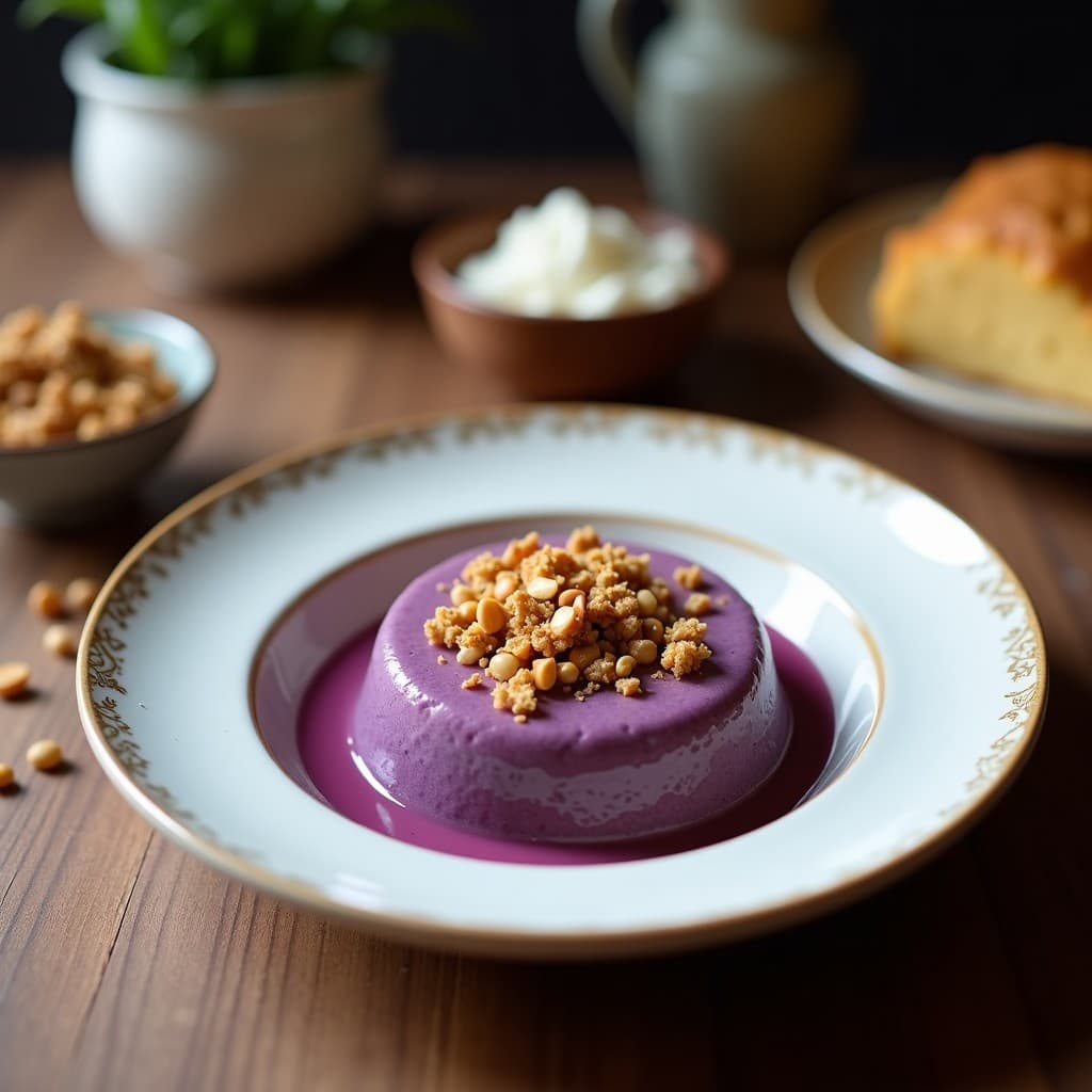Pudín de batata morada y leche de coco en vaso de cristal transparente, con capas visibles de puré morado cremoso y topping crujiente de granola de macadamia y coco rallado, servido sobre una mesa de madera rústica con luz natural.