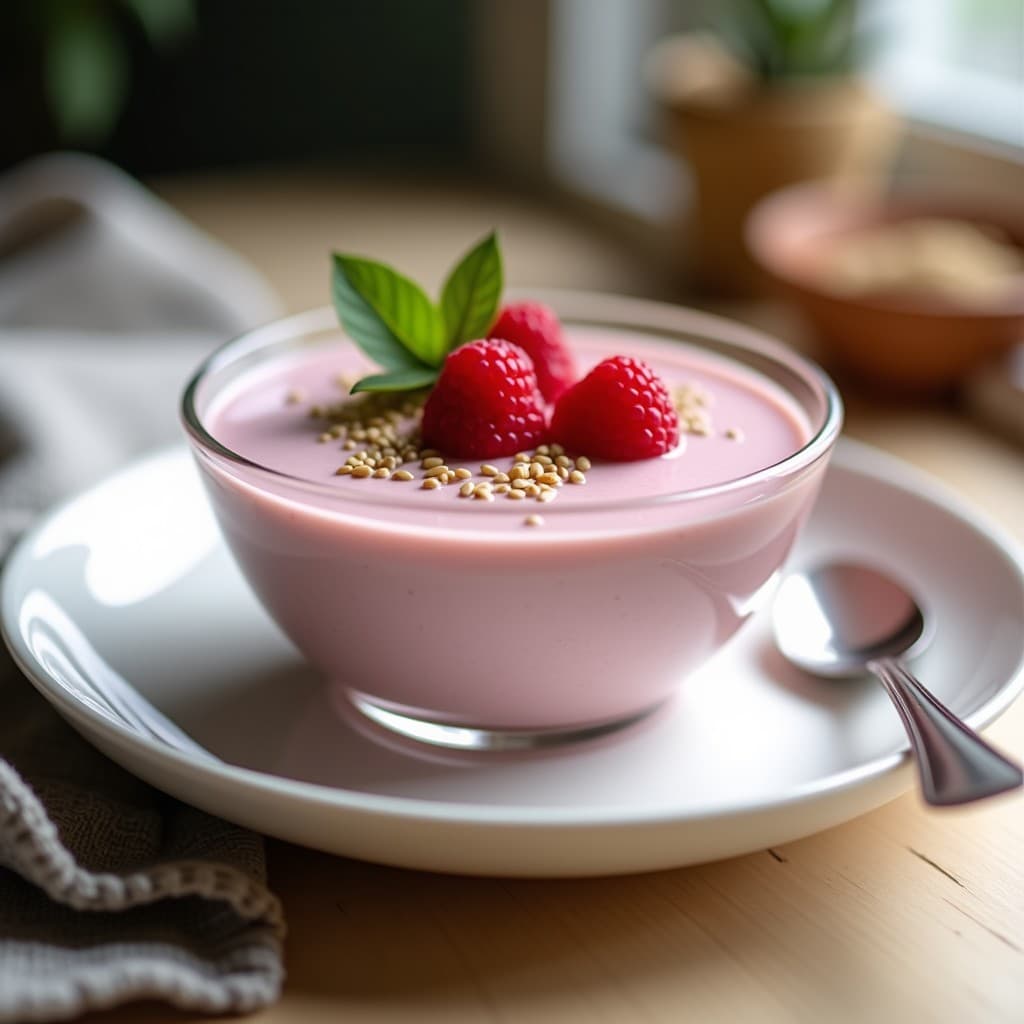 Pudín de semillas de cáñamo y frambuesa en un bol de cristal transparente, con capas cremosas y frambuesas frescas enteras como decoración. Textura espesa y color rosado suave, ideal para desayuno keto.