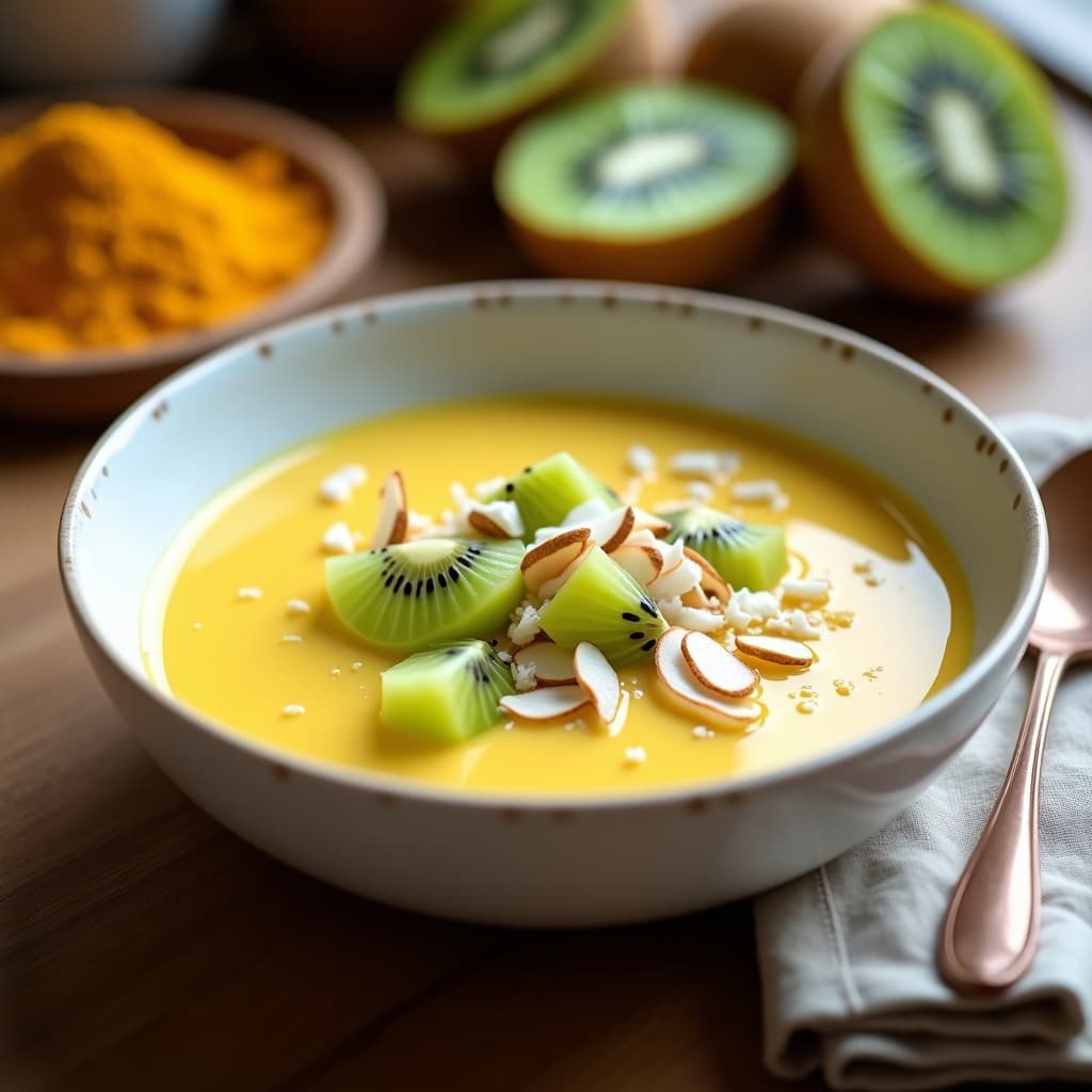 Pudín dorado y cremoso de semillas de cáñamo y leche de cúrcuma en un bol de cerámica blanca, decorado con kiwi en cubos, coco rallado y almendras fileteadas. Desayuno antiinflamatorio sin lactosa con textura sedosa y toppings frescos.