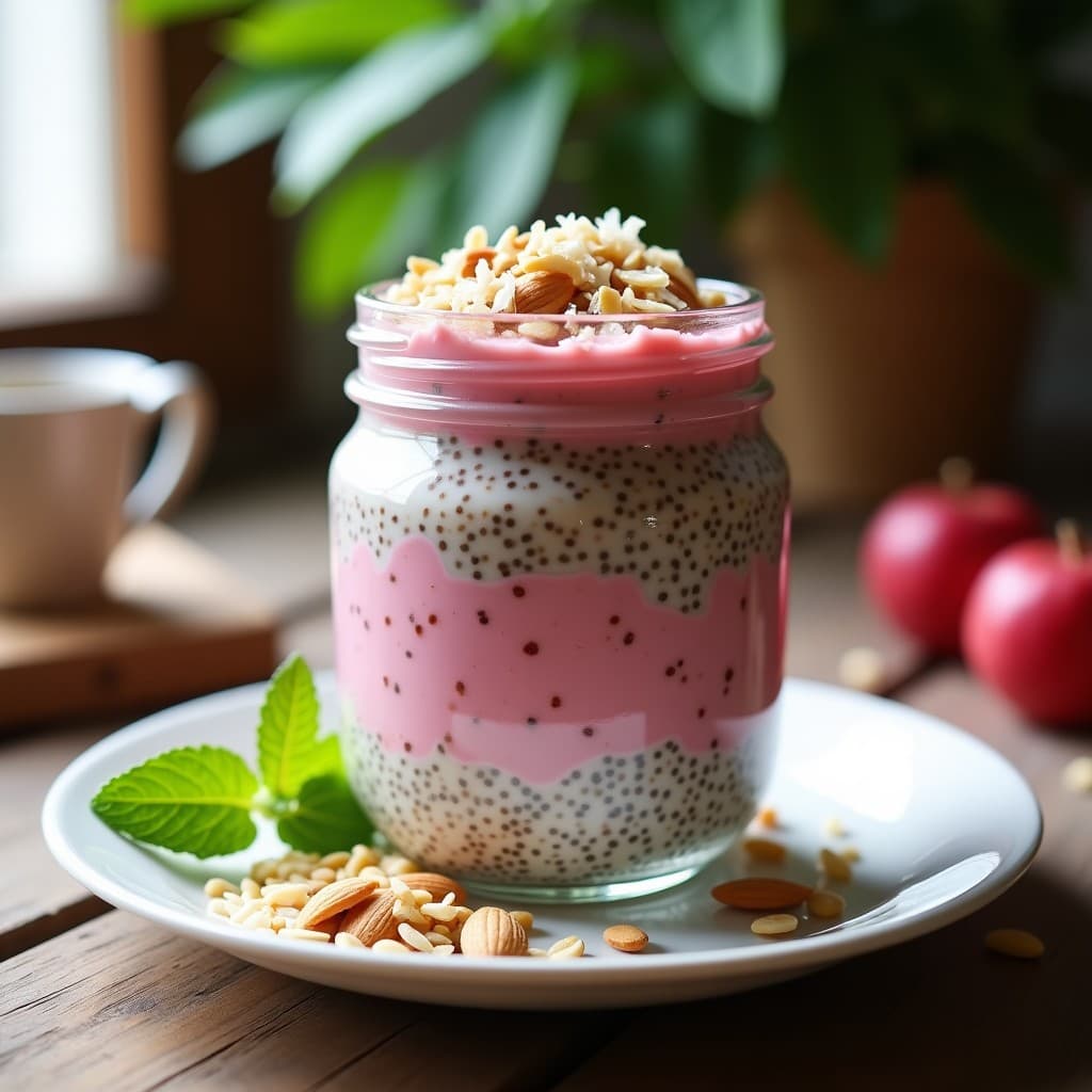 Vaso de cristal transparente con pudín de chía y acerola overnight, capas cremosas de color beige y rosado, decorado con almendras fileteadas, coco rallado y semillas de calabaza sobre una mesa de madera rústica con hojas de menta fresca.