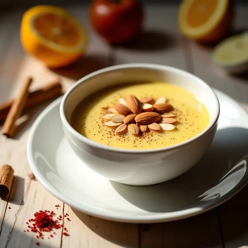 Pudín de chía con leche de avena, azafrán y cardamomo servido en un bol de cerámica blanca, decorado con almendras fileteadas y una pizca de canela. Textura cremosa y color dorado por el azafrán, fondo rústico de madera clara.