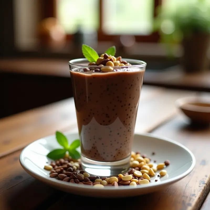 Vaso de cristal transparente con pudín de chía de color marrón oscuro, decorado con nueces de Brasil picadas y semillas de girasol, sobre un fondo de madera rústica con hojas de menta fresca.