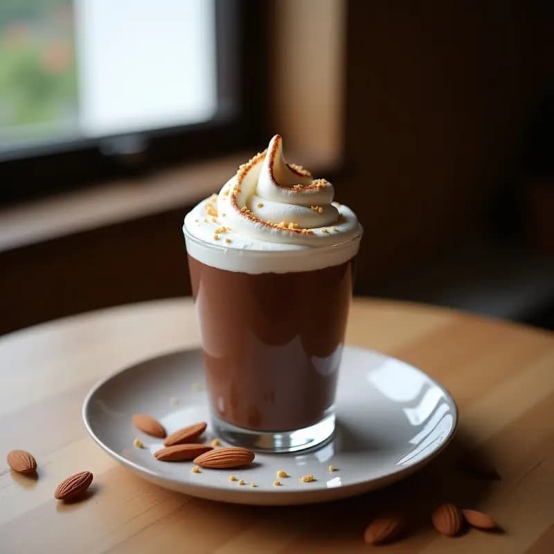 Copa de cristal transparente con pudín de chía negro y cremoso, coronado por merengue de aquafaba esponjoso y almendras fileteadas doradas. Receta vegana sin horno de pudín de chía con cacao.