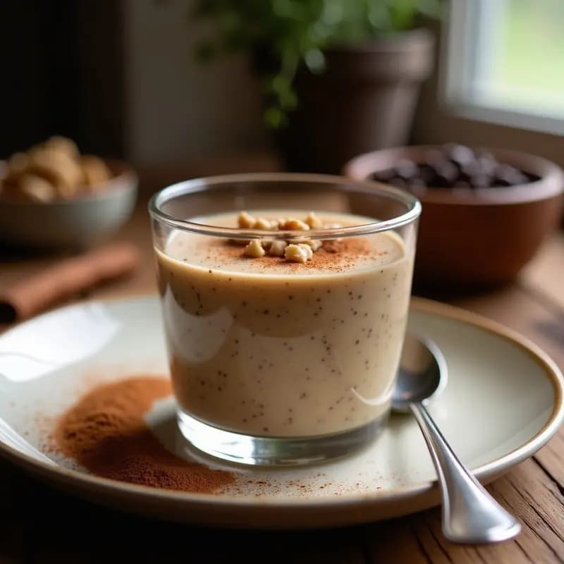 Vasito de cristal transparente con pudín de chía cremoso de color marrón claro, espolvoreado con canela y decorado con nueces picadas. Fondo borroso con una cuchara de madera y granos de café de achicoria.