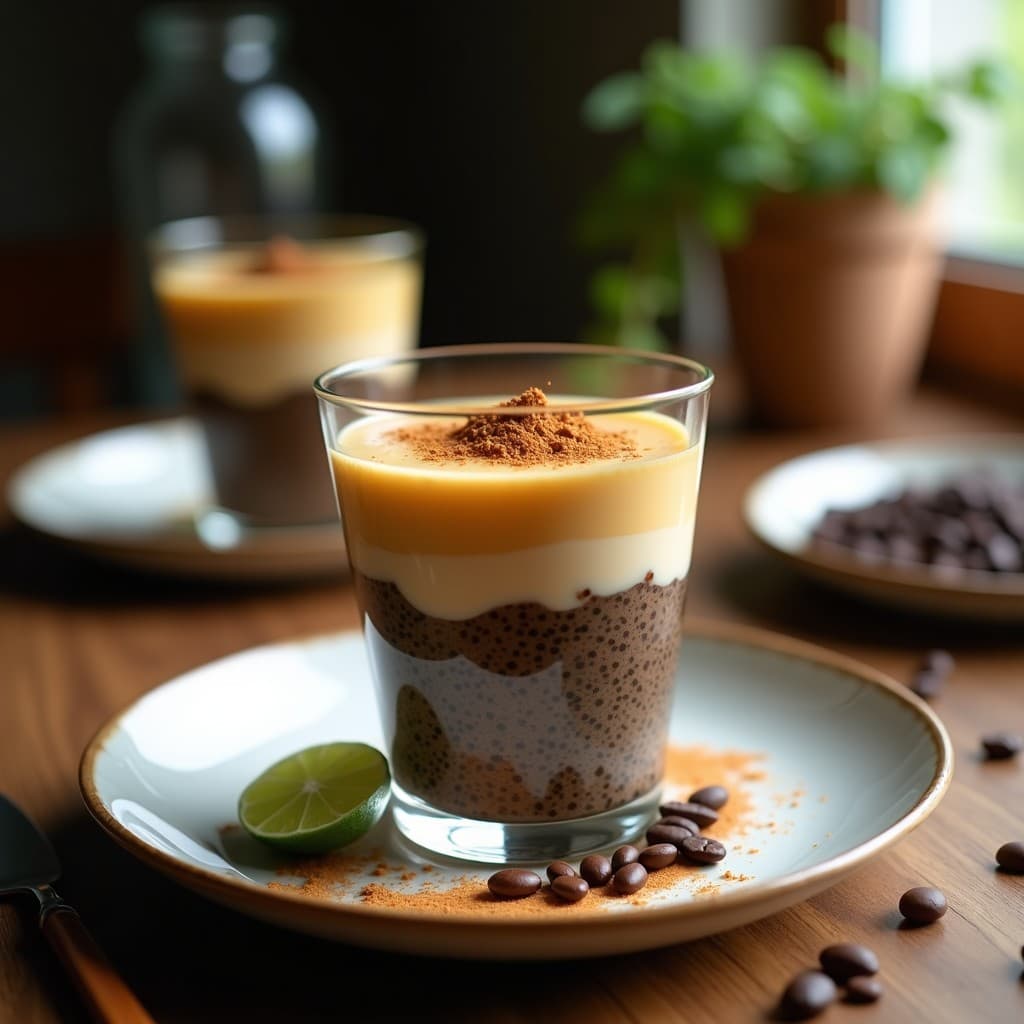 Vaso de cristal transparente con pudín de chía y café en capas, coronado con leche de tigre espumosa y especias. Desayuno peruan-japonés energizante con semillas de chía visibles y un toque dorado.