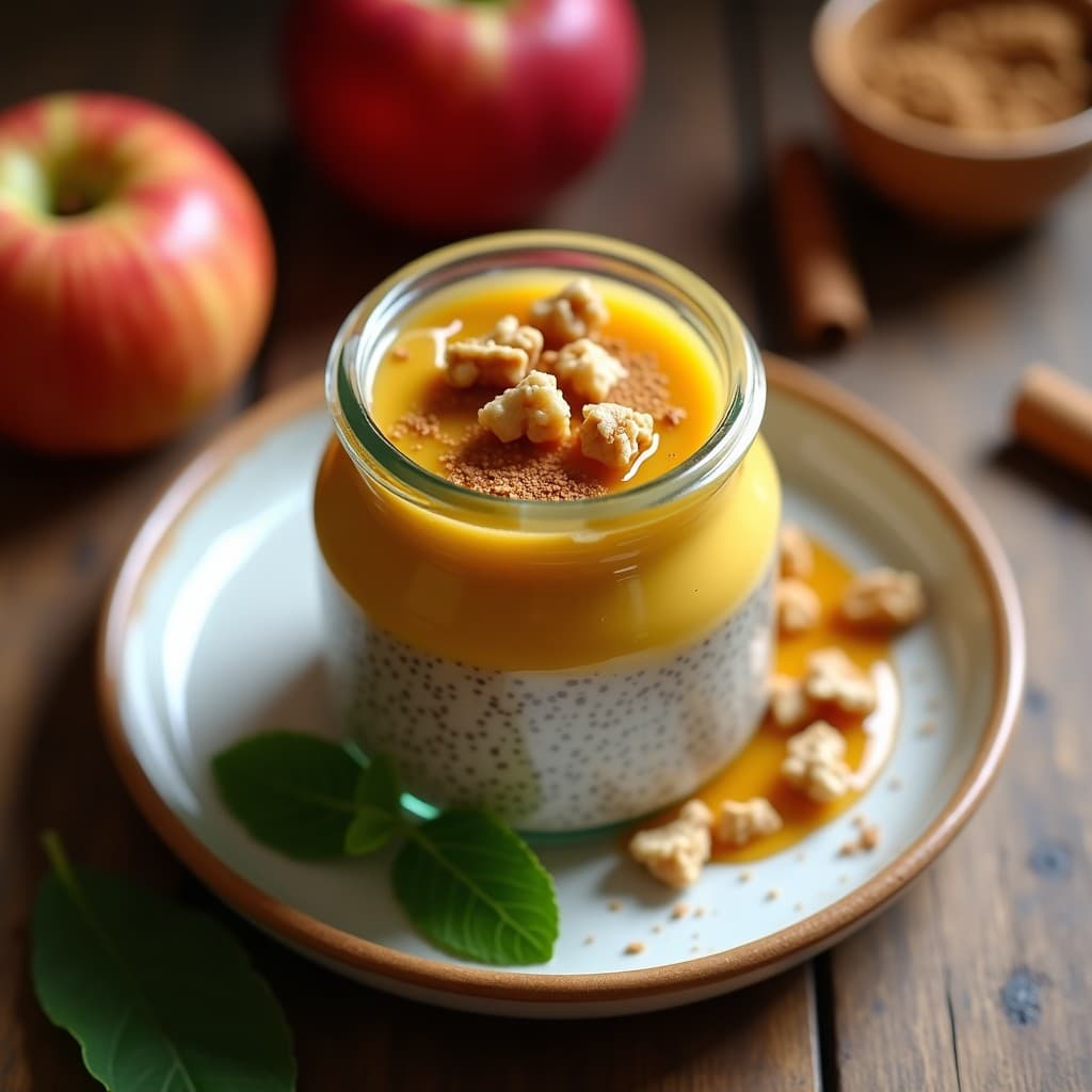 Tarro de cristal transparente con pudín de semillas de chía y cúrcuma de color dorado, coronado con compota de manzana asada caramelizada y nueces picadas. Fondo rústico con textura de madera y hojas de menta fresca.