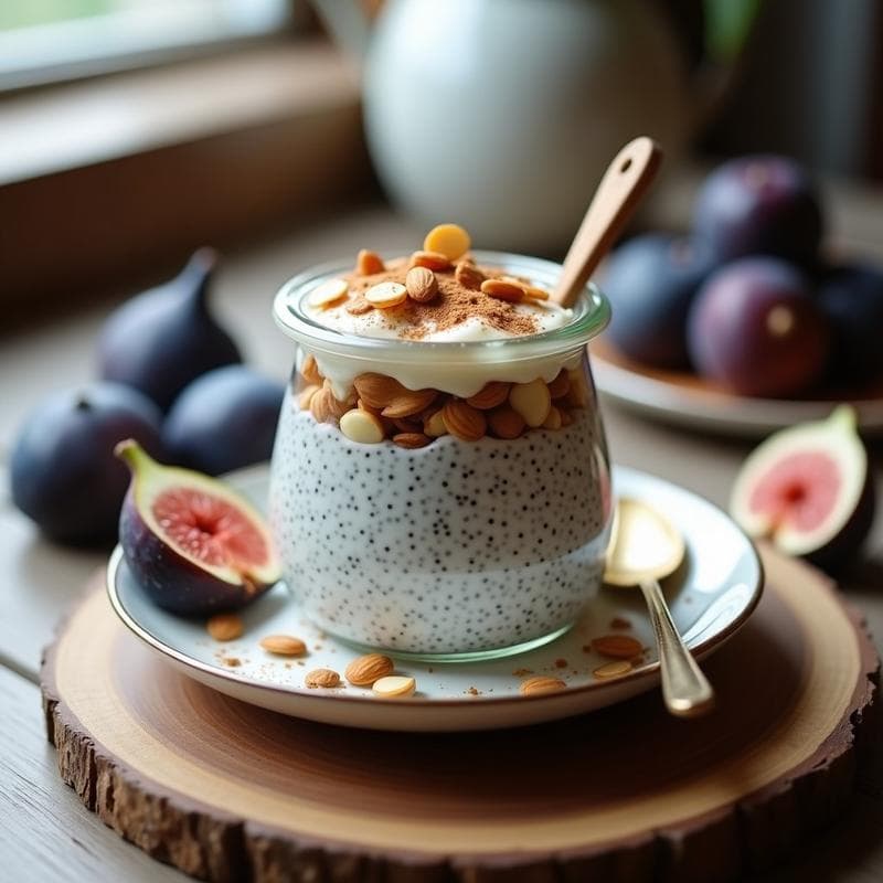 Pudín de chía cremoso en frasco de vidrio transparente, con capas visibles de semillas de chía, trozos de higos frescos y queso de almendras. Decorado con almendras fileteadas y un espolvoreado de canela, sobre fondo rústico de madera.
