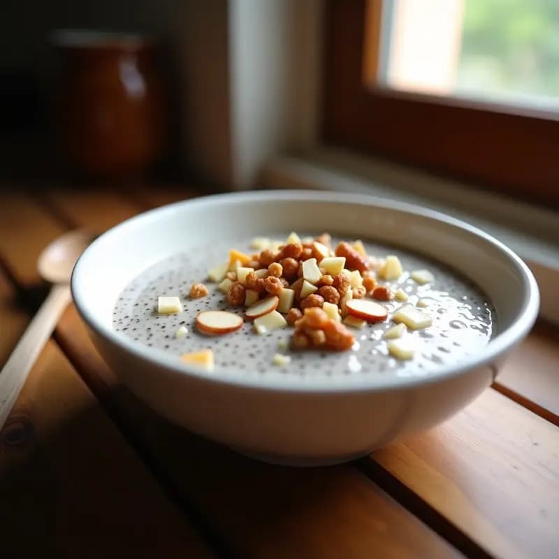 Pudín de chía cremoso en un bol de cerámica blanca, cubierto con almendras fileteadas y nueces picadas, acompañado de una cuchara de madera. Receta de desayuno energético en 5 minutos con leche de abundancia y frutos secos.