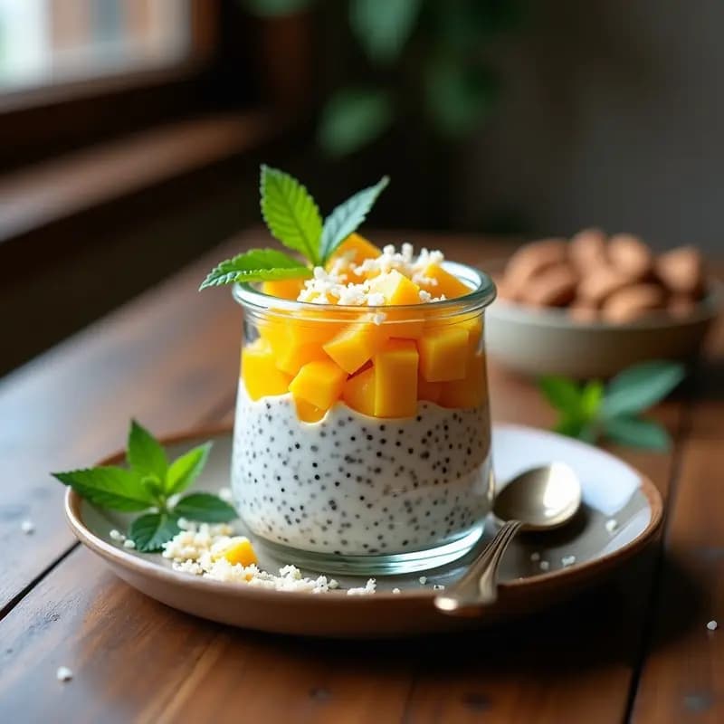 Vasos transparentes con pudín de chía cremoso, capas de leche de almendra y trozos dorados de mango ataulfo, decorado con coco rallado y ajonjolí tostado. Desayuno mexicano sin azúcar sobre fondo rústico de madera.