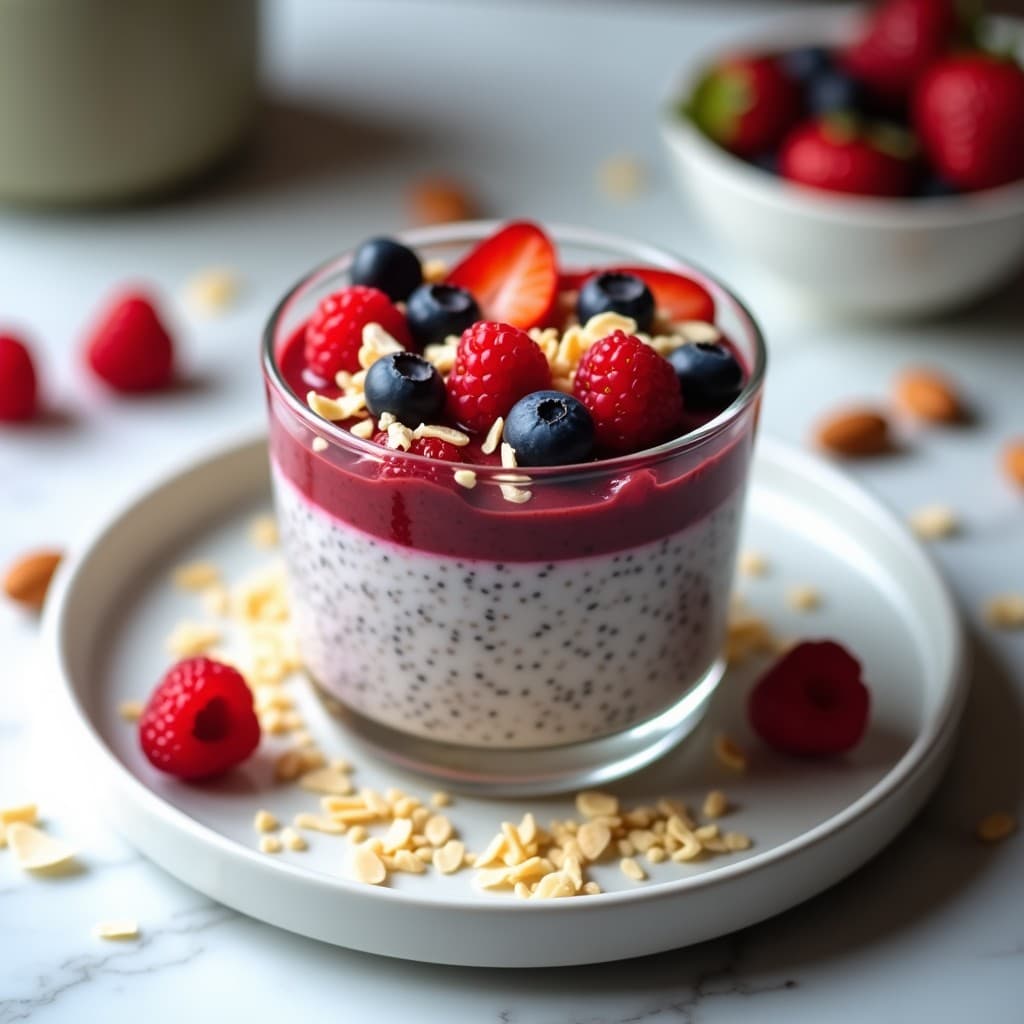 Copa de cristal transparente con pudín de chía cremoso, capas de frutos rojos frescos (fresas, arándanos y frambuesas) y coco rallado tostado por encima. Fondo blanco con detalles de semillas de chía y almendras.