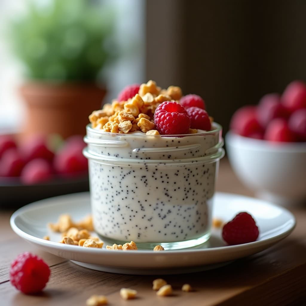 Vaso de cristal transparente con pudín de chía cremoso, cubierto de granola de cacahuete dorada y frutos rojos frescos, sobre una mesa de madera con fondo difuminado. Desayuno sin cocción alto en fibra.
