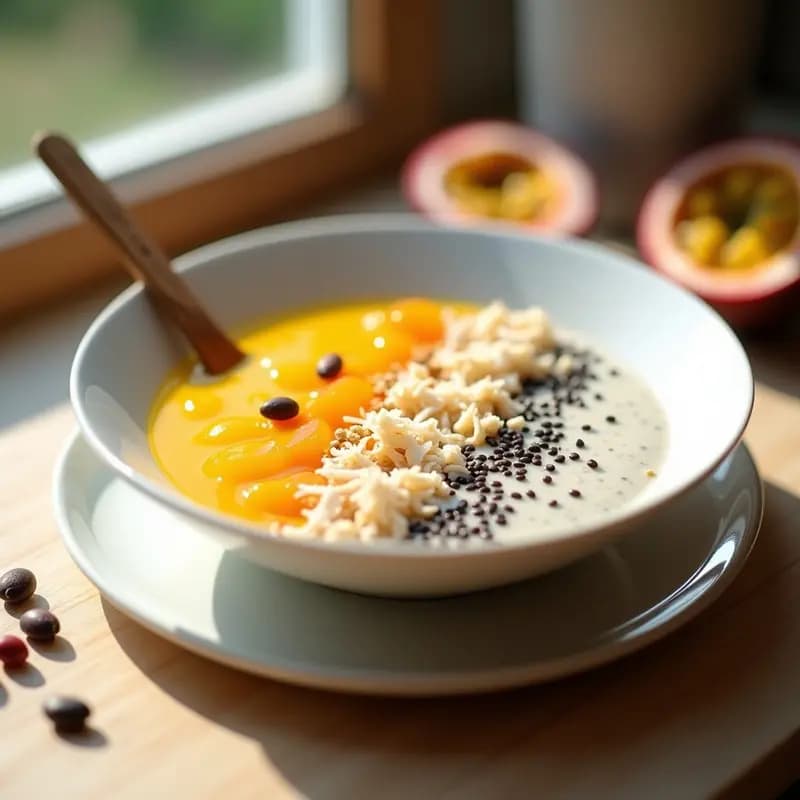 Pudín de chía cremoso en un bol de cerámica blanca, con capas visibles de leche de amendras y pulpa de fruta de la pasión. Decorado con coco rallado y semillas de sésamo negro, servido con una cuchara de madera sobre un fondo rústico de madera clara.