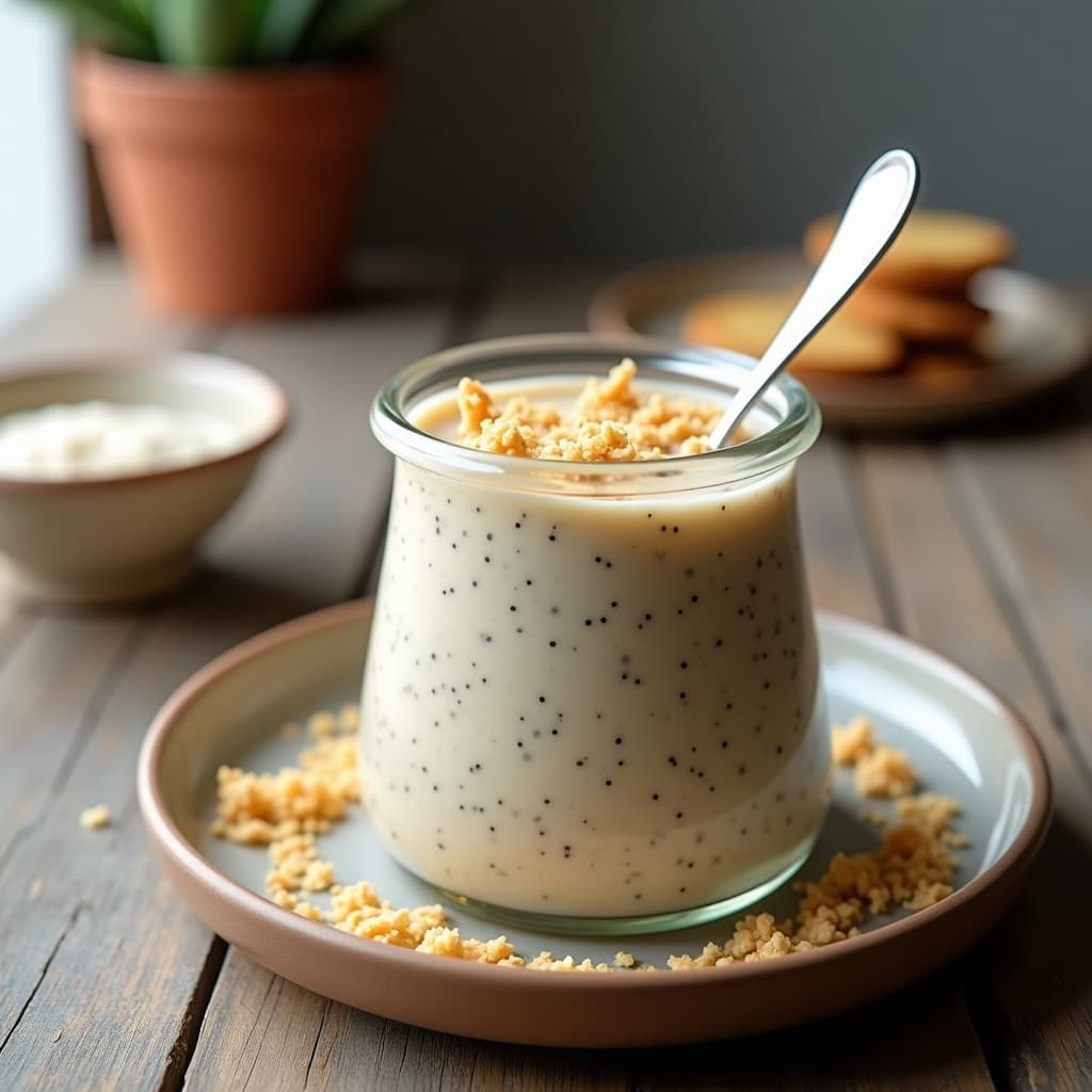 Pudín de chía cremoso con leche de anacardo, servido en un tupper de cristal con topping de coco rallado y un toque de jengibre fresco rallado. Textura sedosa y color beige claro, ideal para desayuno keto y sin lácteos.