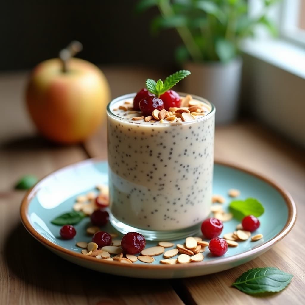 Pudín de chía y leche de avellana en tarro de vidrio transparente, con capas cremosas y toppings de avellanas tostadas picadas y coco rallado. Desayuno vegano sin gluten listo para llevar.