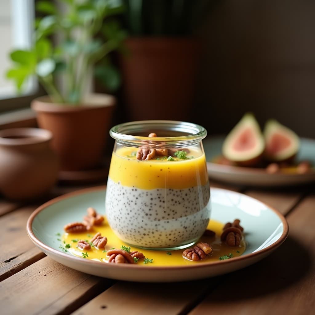 Pudín de chía cremoso en frasco de vidrio transparente, con capas de compota de higo Chihuahua dorada, espolvoreado de nueces pecanas picadas y ralladura de limón verde. Fondos borrosos de cocina rústica mexicana con texturas de madera y cerámica.