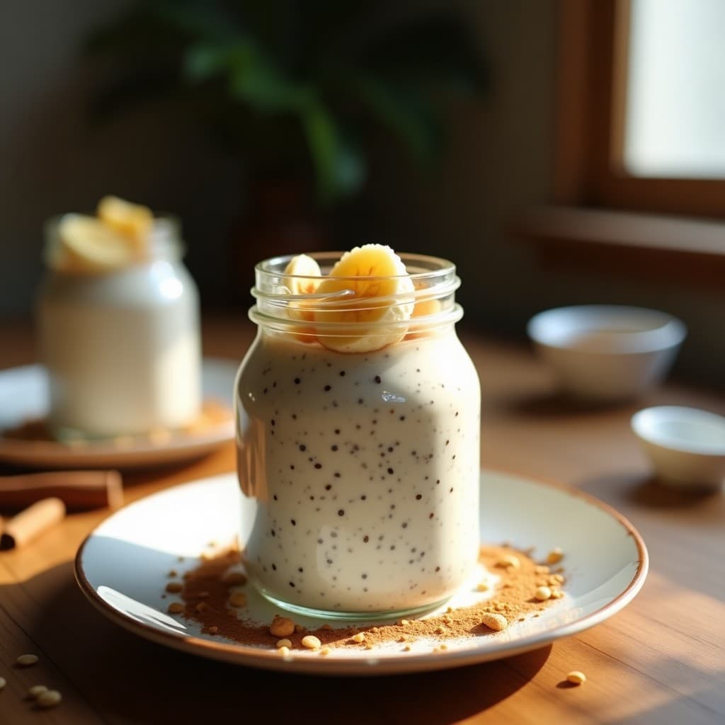 Pudín de chía y leche de avena en un tarro de vidrio transparente, con capas cremosas y toppings de coco rallado y almendras fileteadas. Fondos borrosos de especias y semillas de chía esparcidas sobre una mesa de madera rústica.