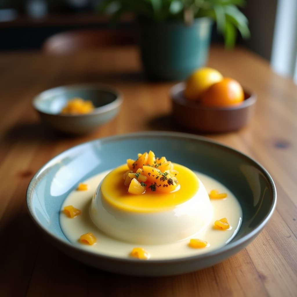 Vasito de vidrio transparente con pudín de chía cremoso, capas visibles de leche de coco y maracuyá, decorado con semillas de maracuyá y coco rallado tostado, sobre fondo blanco con hojas de menta.