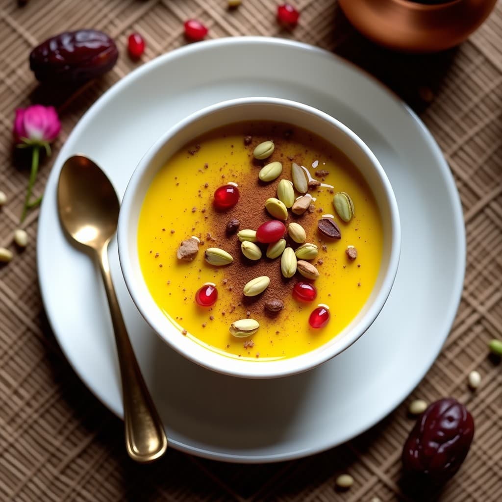 Pudín de semillas de chía con leche de cúrcuma y dátiles en un bol de cerámica blanca, decorado con pistachos picados, semillas de granada y canela. Textura cremosa y color dorado intenso, típico del desayuno iraní sin lactosa.