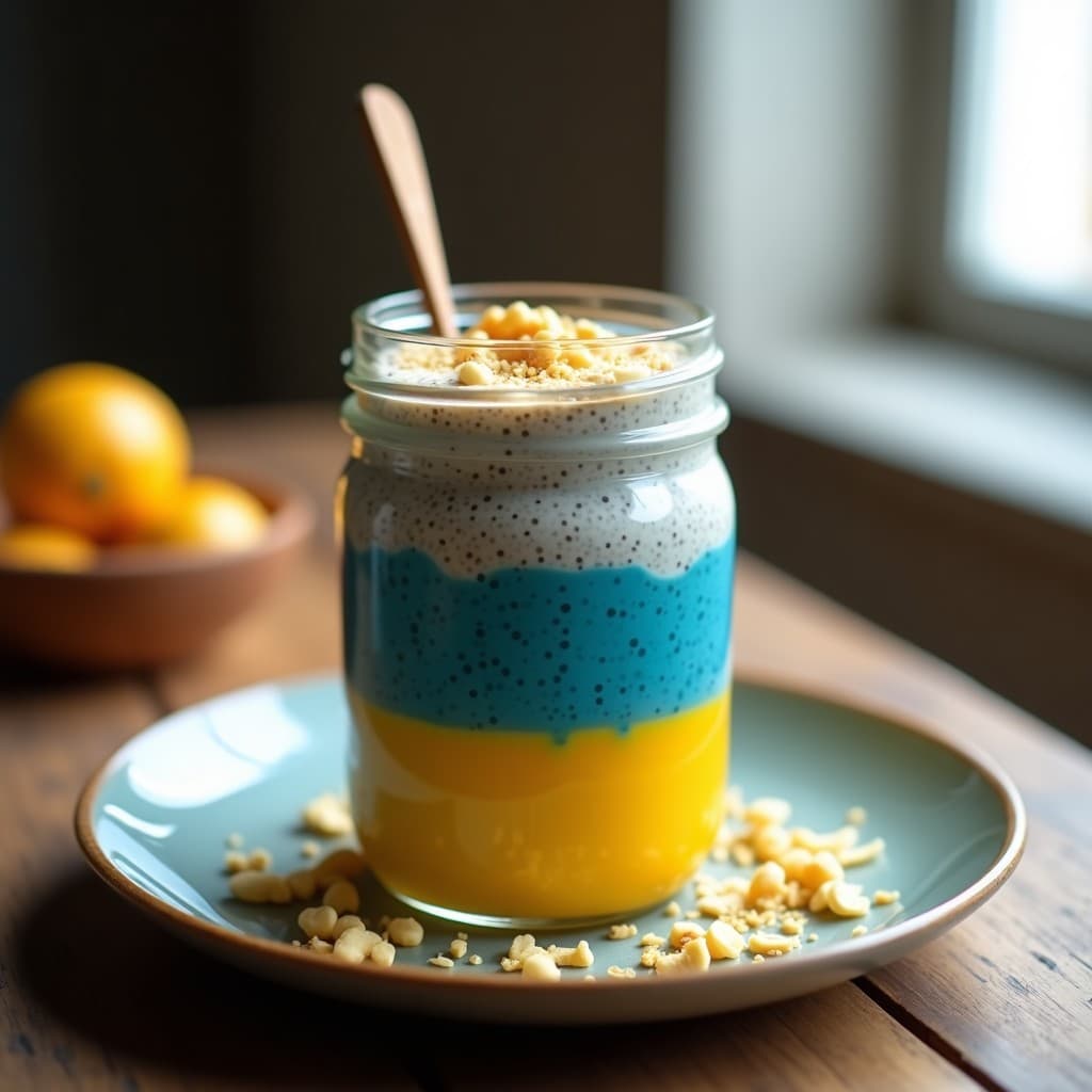 Frasco de vidrio transparente con pudín de chía en capas azul y dorado, decorado con anacardos tostados y coco rallado. Desayuno superfood con leche de cúrcuma y blue spirulina, textura cremosa y color vibrante.