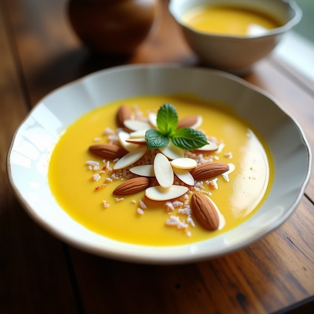 Pudín de chía cremoso en un bol de cerámica blanca, con capas doradas de leche de gold, decorado con almendras fileteadas, coco rallado y hojas de menta fresca. Textura sedosa y color vibrante gracias a la cúrcuma y el cardamomo.