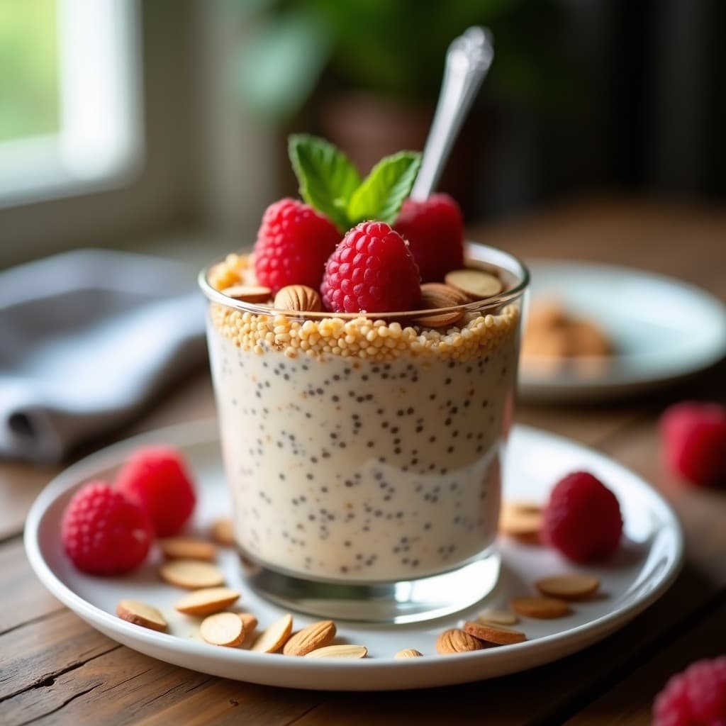 Copa de cristal transparente con pudín de chía cremoso color beige, coronado con frambuesas frescas rojas, almendras fileteadas doradas y semillas de lino. Fondo con textura rústica de madera y hojas de menta. Desayuno australiano sin gluten.