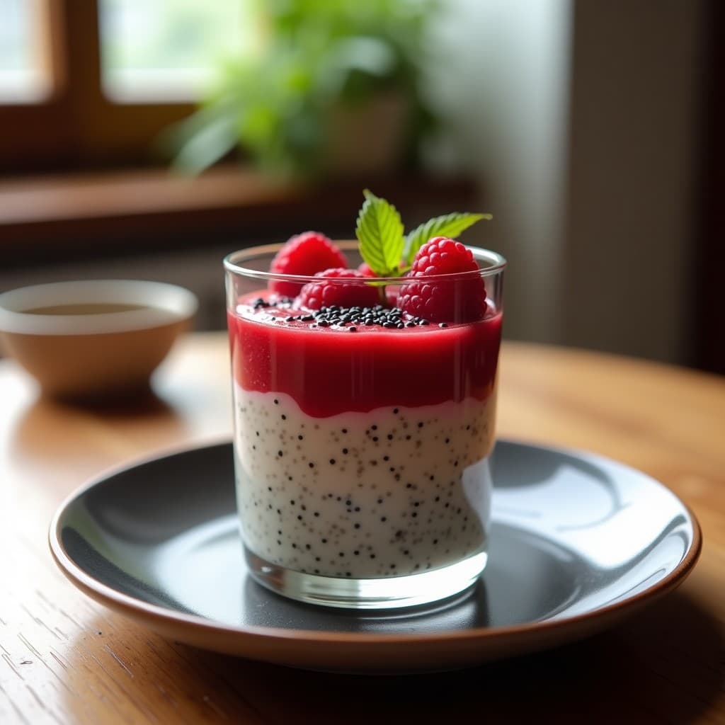 Vaso de cristal transparente con pudín de chía y leche de mandorla en capas, intercalado con una couche rosa de frambuesa. Semillas de chía visibles en la superficie y frambuesas enteras como decoración. Fondo neutro con textura de madera.
