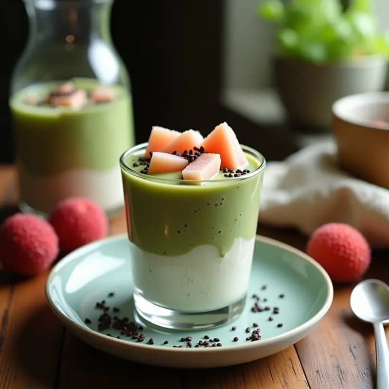 Copa de cristal transparente con pudín de chía verde esmeralda por el matcha, coronado con trozos rosados de lichi fresco, semillas de sésamo negro y un espolvoreado de matcha en polvo. Fondo minimalista con hoja de bambú, resaltando el.postre chino antioxidante.