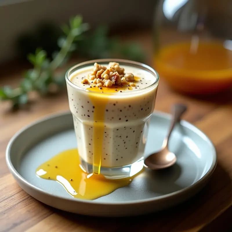 Copa de cristal transparente con pudín de chía y leche de oveja, coronado con un hilo de miel de tomillo y nueces picadas. Textura cremosa y color beige claro, típico de este postre griego sin azúcar.