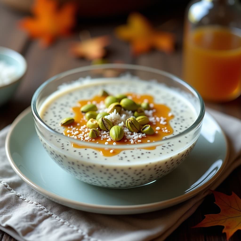 Pudín de chía cremoso en un bol de vidrio transparente, con capas visibles de semillas de chía hidratadas en leche de pistacho. Decorado con pistachos picados, coco rallado y un hilo de sirop de arce. Fondo rústico con toallas de lino y hojas de arce.