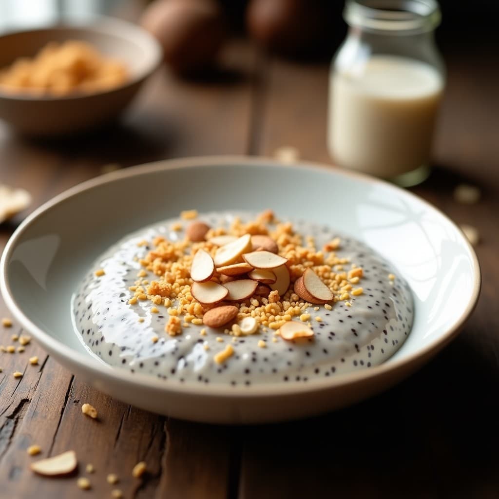 Pudín de chía y leche de tigernut con sirope de arce servido en un bol de cerámica blanca, decorado con coco rallado y almendras fileteadas tostadas, sobre una mesa de madera rústica con un fondo difuminado.