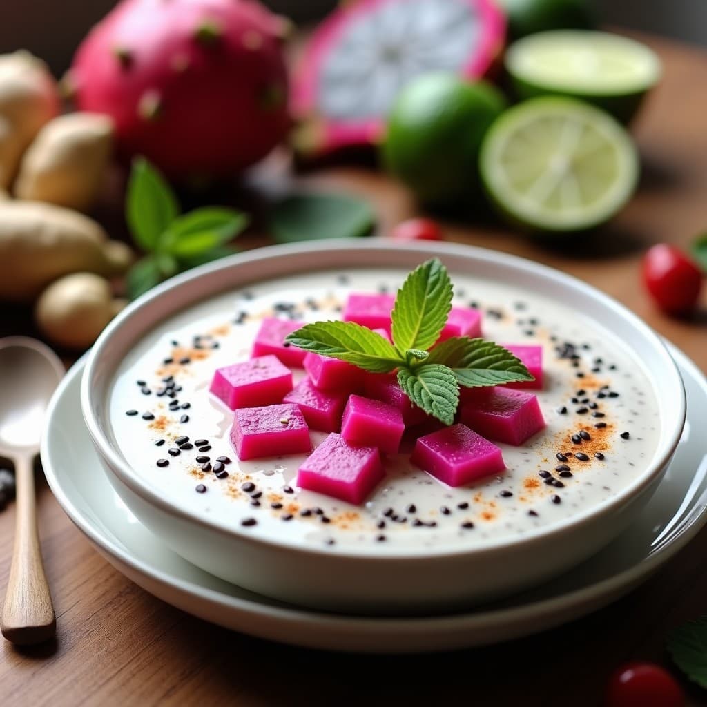 Pudín de chía cremoso con tonos rosados y blancos de la fruta dragón, servido en un bol de cerámica negra con semillas de sésamo negro, copos de alga nori y hojas de menta. Fondos borrosos de ingredientes como jengibre y limón, destacando el desayuno peruan-japonés alto en omega-3.