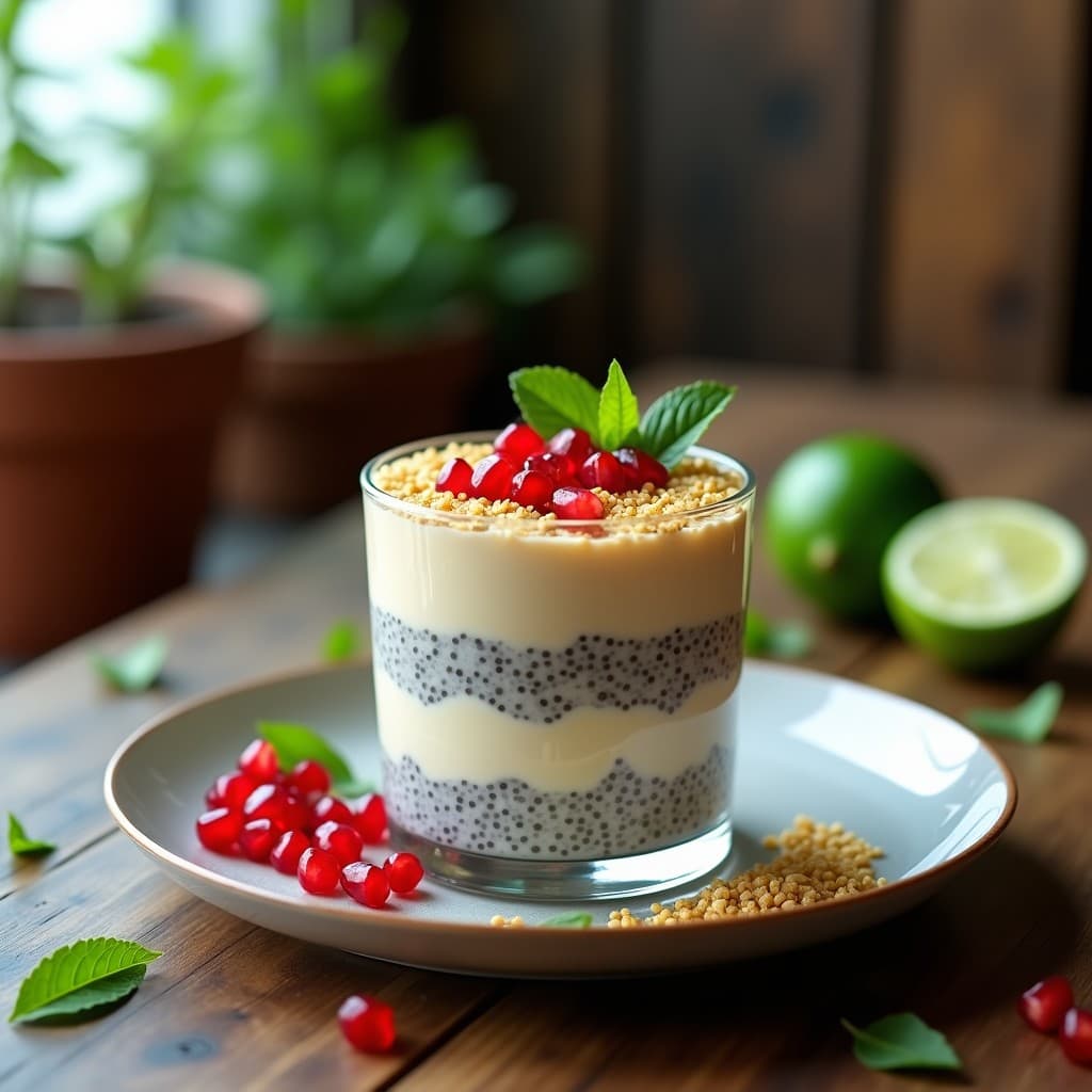 Vaso transparente con pudín de chía cremoso color beige, decorado con semillas de granada rojas, quinoa inflada dorada y hojas de menta verde. Fondo con limas cortadas y textura rústica de madera, iluminación natural que resalta los colores vibrante del desayuno peruano superfood.