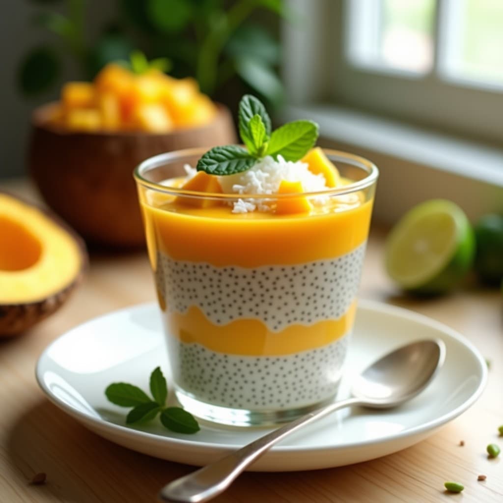 Pudín de chía y mango vegano en vaso de cristal transparente, con capas visibles de semillas de chía, puré de mango anaranjado y decoración de copos de coco blanco, cubos de mango fresco y hojas de menta verde. Fondos borrosos de ingredientes tropicales como coco y lima.