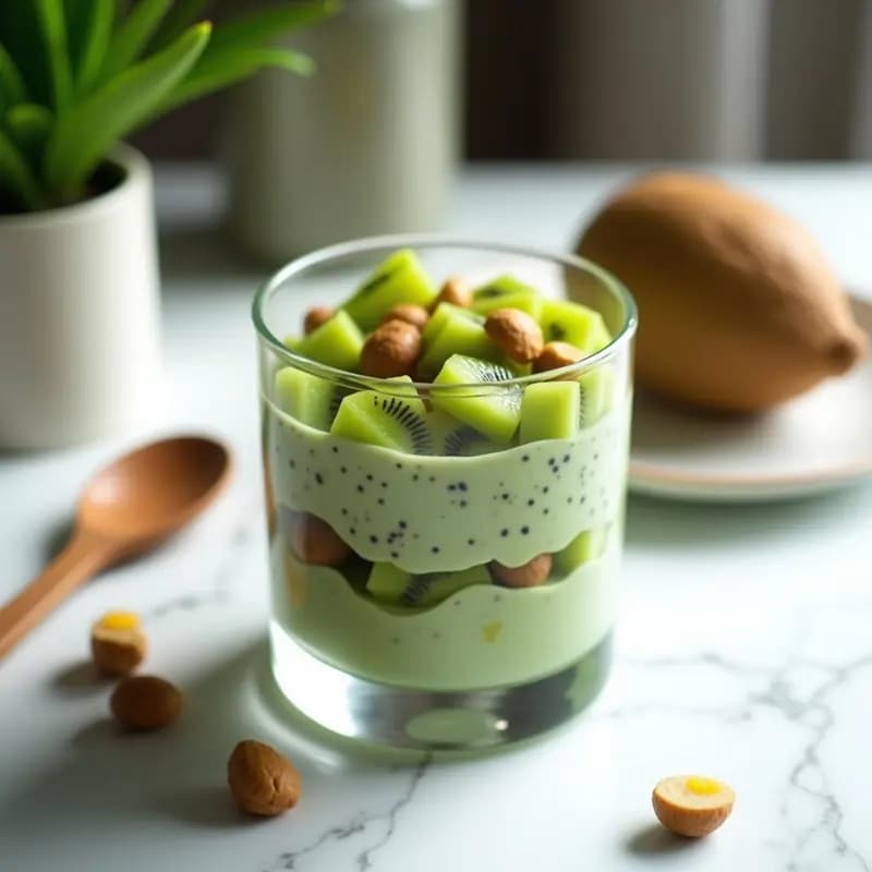 Vaso transparente con capas de pudín de chía verde claro (por el matcha) y trozos de kiwi verde y amarillo, decorado con avellanas fileteadas. Desayuno japonés saludable y antioxidante sobre fondo blanco con cuchara de madera.