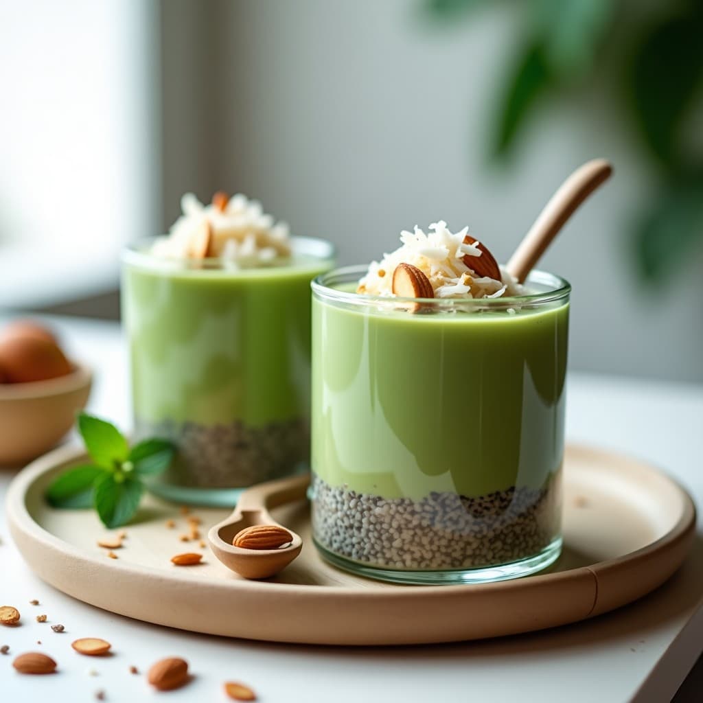 Vasos de cristal transparente con pudín de chía verde vibrante y matcha, coronado con semillas de cáñamo, coco rallado y almendras fileteadas. Fondo minimalista con hojas de menta y una cuchara de madera. Receta de desayuno detox y keto.