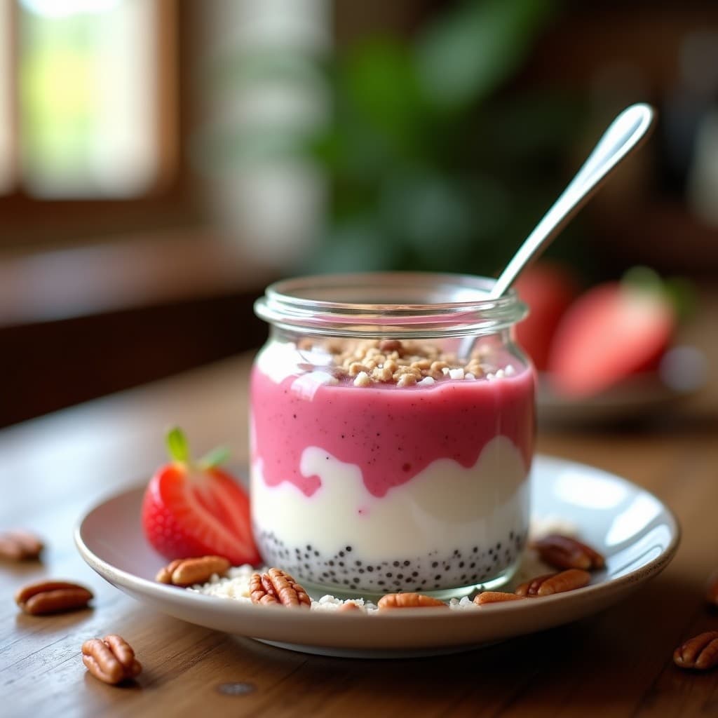 Pudín de chía con capas de puré de guayaba rosa y yogur griego blanco en vaso de cristal transparente, decorado con semillas de sésamo. Desayuno alto en proteína y omega-3 sobre fondo rústico de madera.