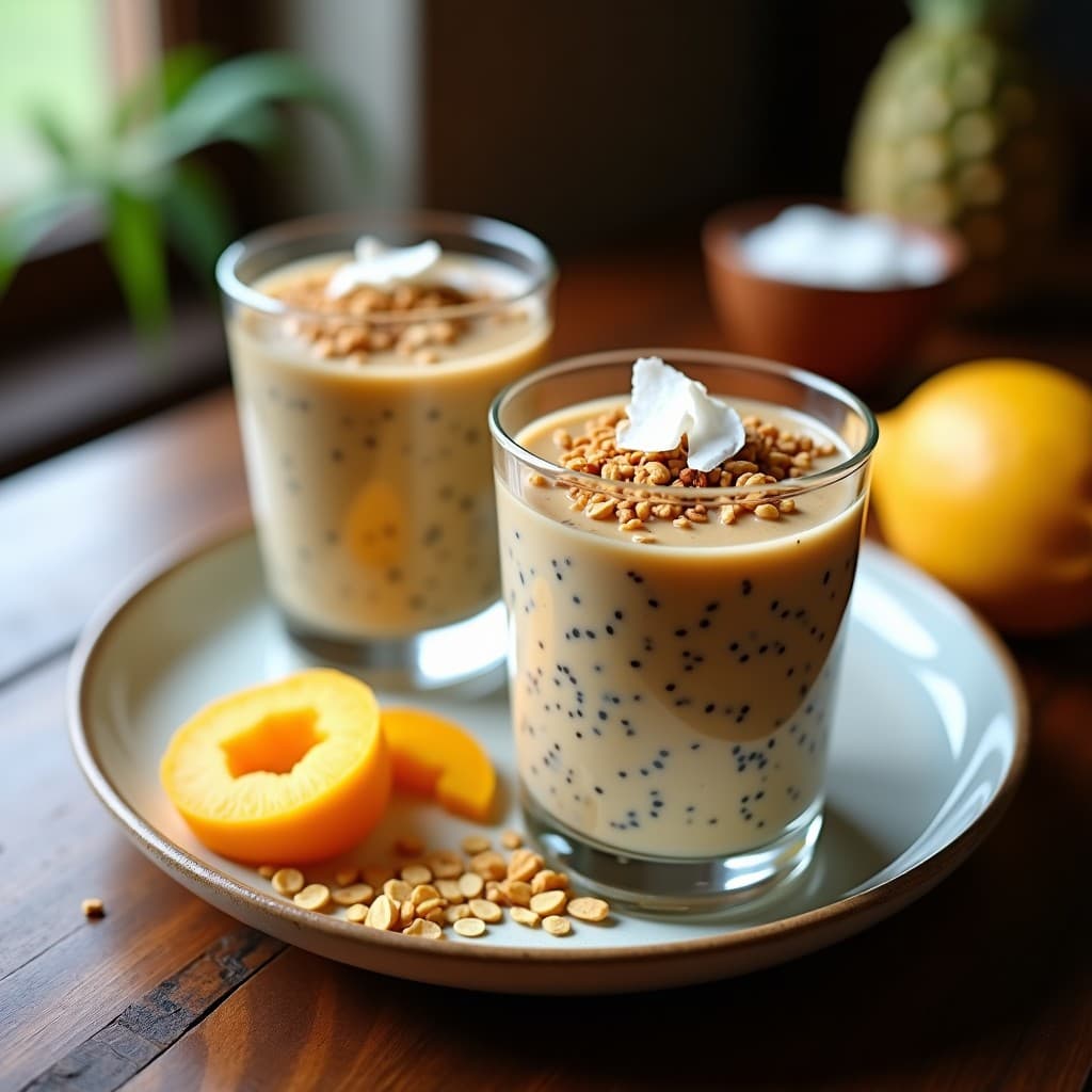 Copas transparentes con pudín de chía cremoso de color beige claro, coronado con granola dorada de quinoa y avena, espolvoreado con coco rallado y canela. Plato de desayuno peruano sin lactosa sobre fondo rústico de madera.