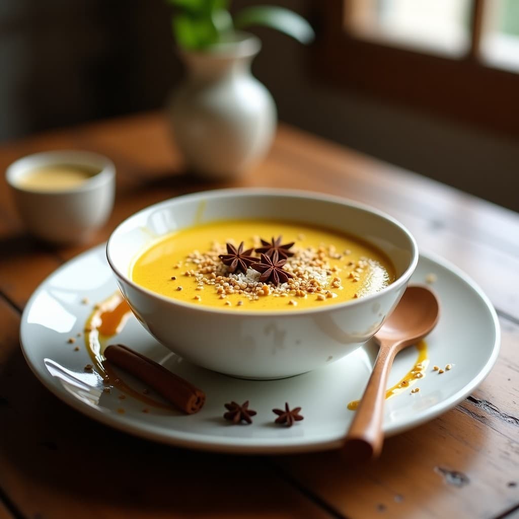 Pudín de chía y té chai vegano sin azúcar en un bol de cerámica blanca, con capas doradas y amarillas de especias antiinflamatorias, decorado con semillas de sésamo tostadas y coco rallado. Fondo rústico con una cuchara de madera.