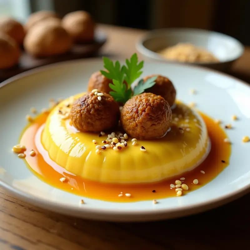 Pudín chileno de choclo en capas doradas con albóndigas de lentejas doradas encima, decorado con semillas de sésamo y cilantro fresco. Postre salado sin horno, servido en plato blanco rústico.