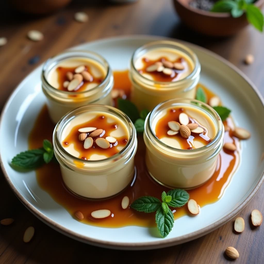 Vasitos transparentes con pudín cremoso de chufa y cardamomo, cubierto de caramelo de dátiles oscuro y decorado con almendras fileteadas. Postre valenciano sin lácteos ni horno, servido sobre una mesa de madera rústica con hojas de menta.