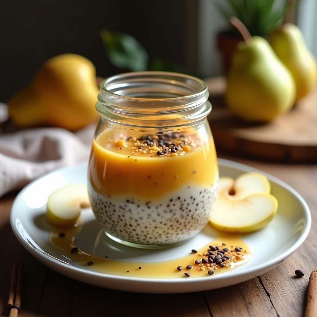 Frasco de vidrio transparente con pudín de girasol y chía en capas, coronado con compota de peras doradas, jengibre rallado y semillas de sésamo negro. Desayuno vegano alto en magnesio sobre fondo de madera clara.